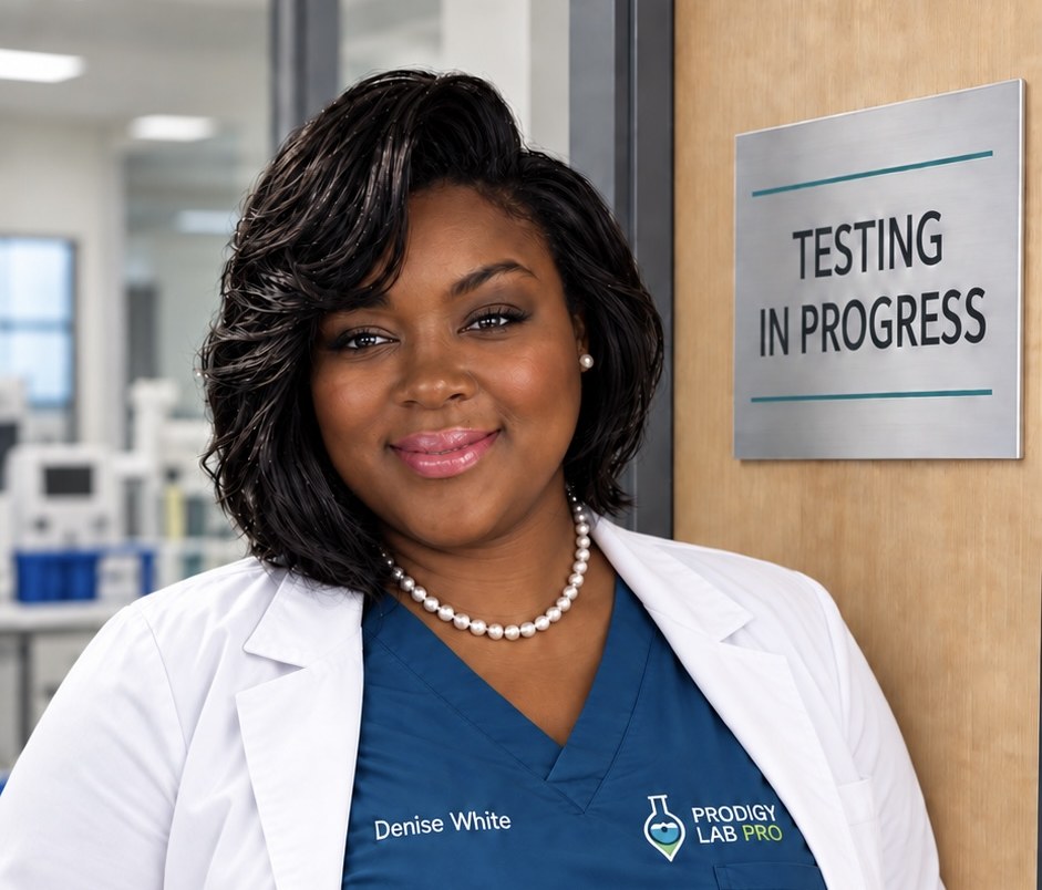 Denise White, founder of Prodigy Lab Pro, in a lab coat and branded scrubs